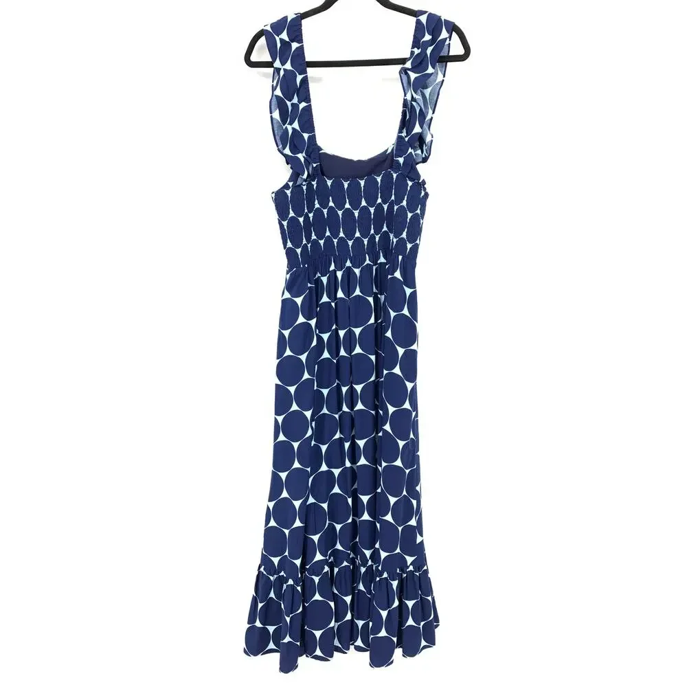 Kate Spade Polka Dot Print Ruffle Midi Dress Womens Size Large Blue Two Tone